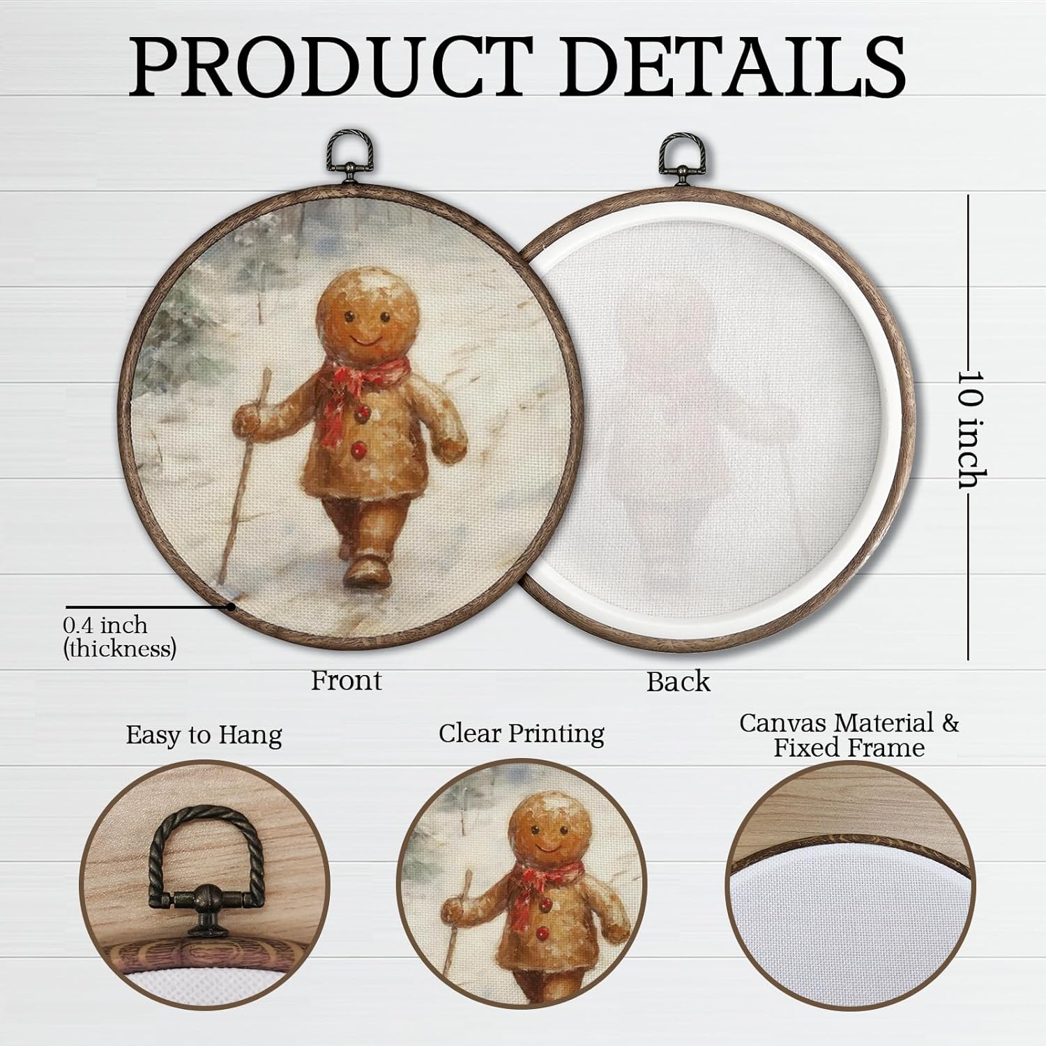 Giosve Winter Christmas Gingerbread Round Wall Art Canvas Framed Poster, Cozy Retro Winter Christmas Gingerbread Forest Hanging Wall Sculptures for Home Bedroom Living Room Decor, 10x10 Inch